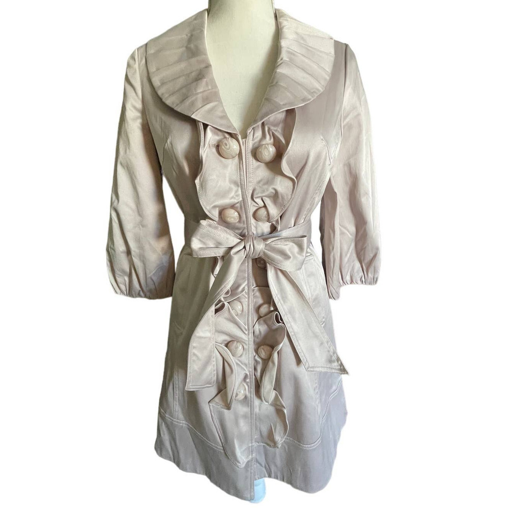 NWT C Luce Womens Double Breasted Ruffle Trench Coat Puff Sleeve Size S Pink